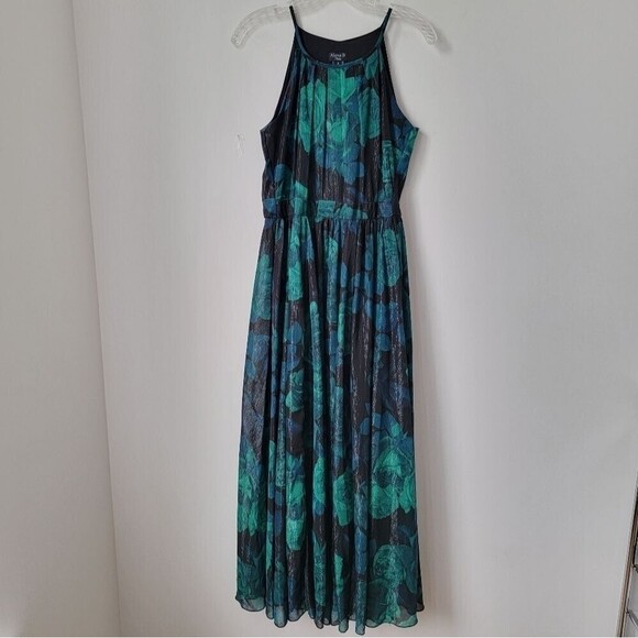 ALEXA B NITES Blue & Green Rose & Leaf Motif Gown Woven Metallic Silver Size 4 - Picture 2 of 9